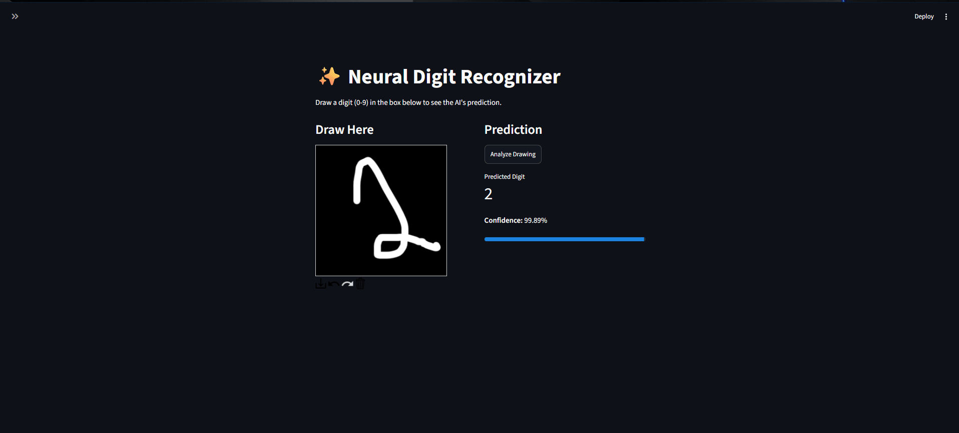 Handwritten Digit Recognizer, interface screenshot